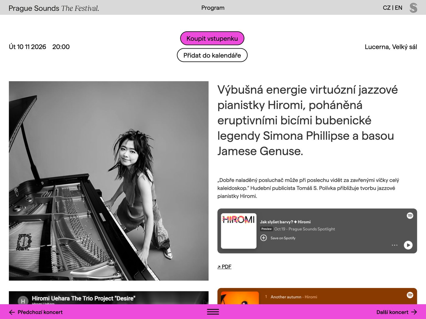 Tlačítka Koupit vstupenku a Přidat do kalendáře