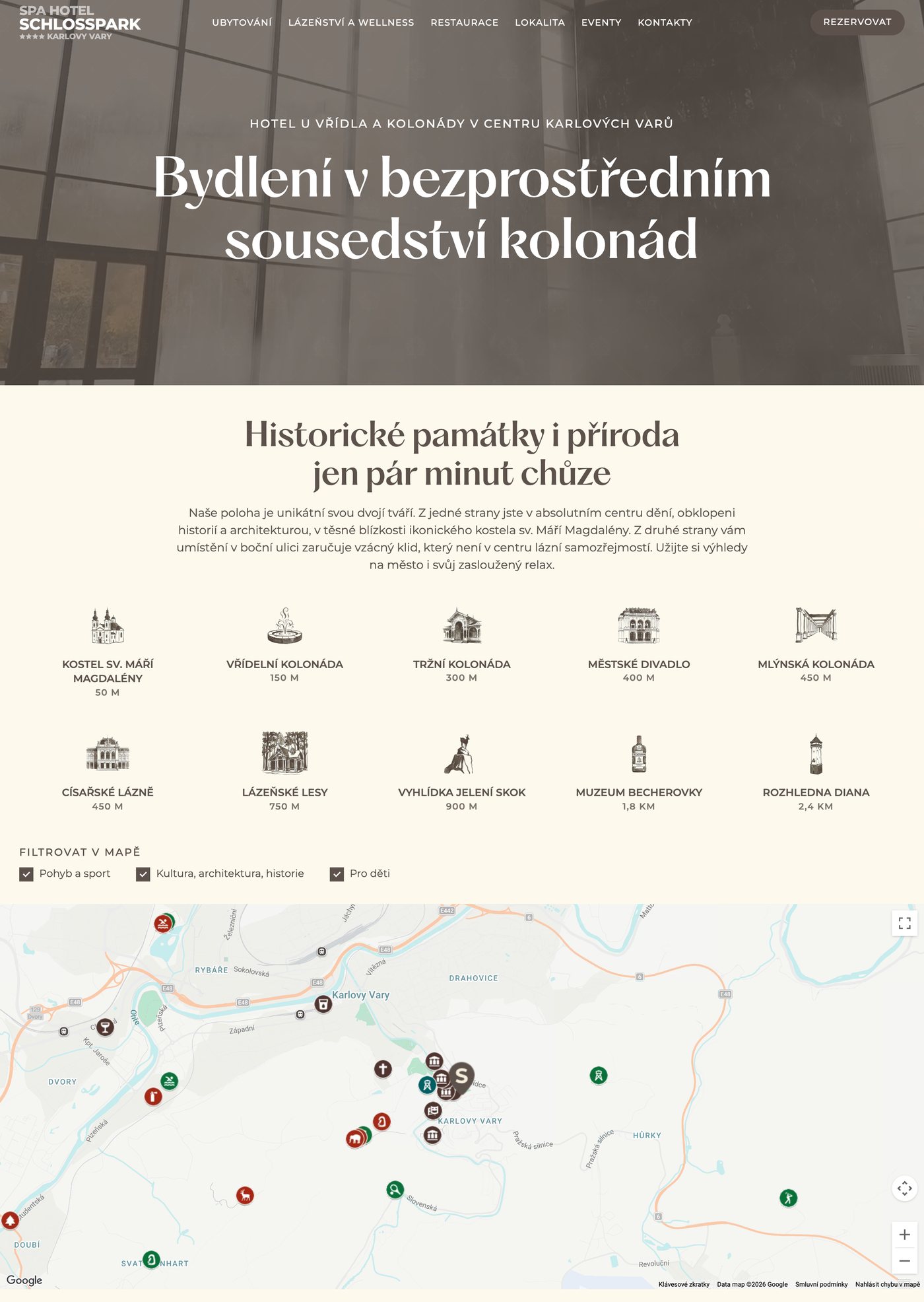 Stránka Lokalita: úvod, památky se vzdáleností od hotelu a mapa s filtrem