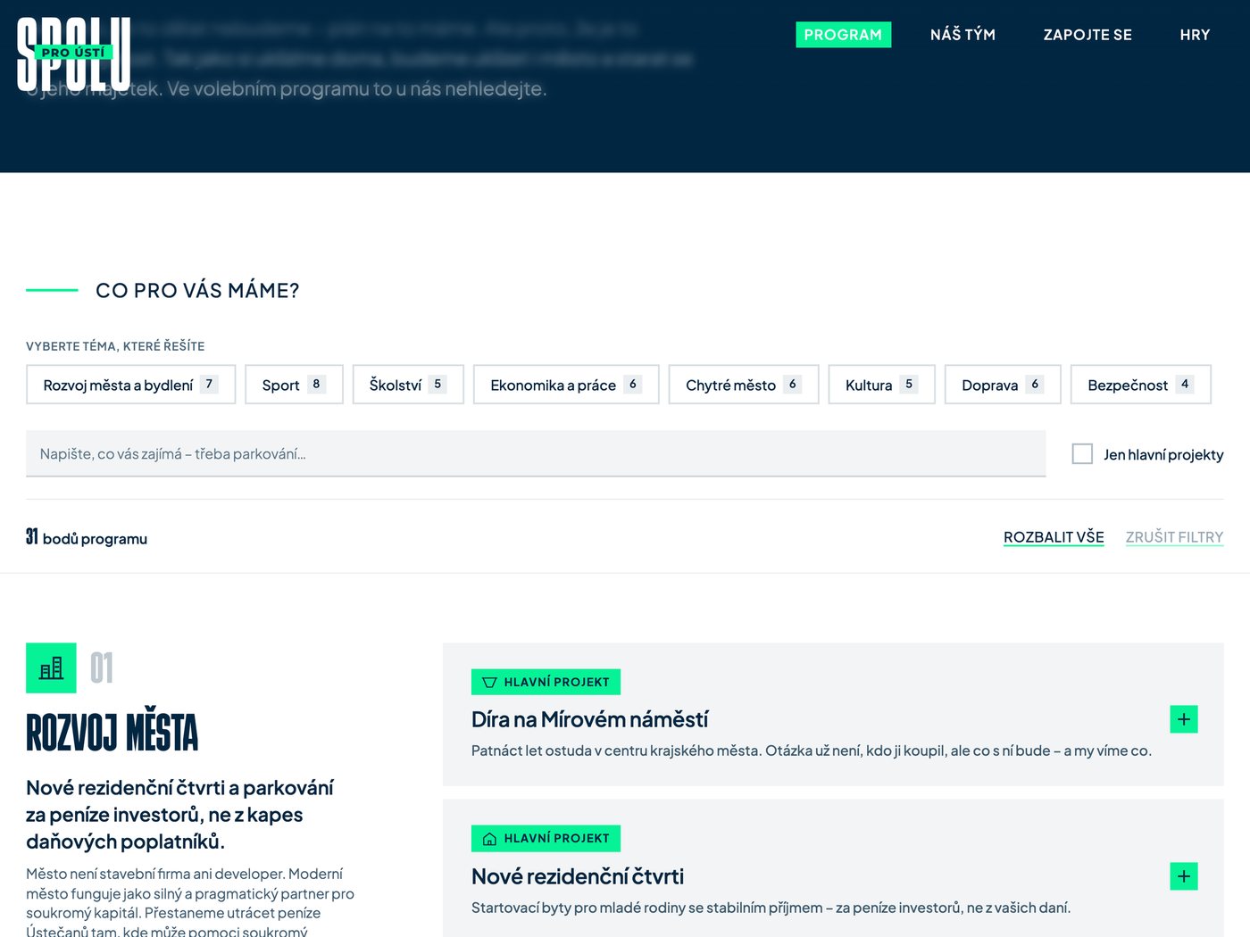 Program s filtrem podle témat a vyhledáváním