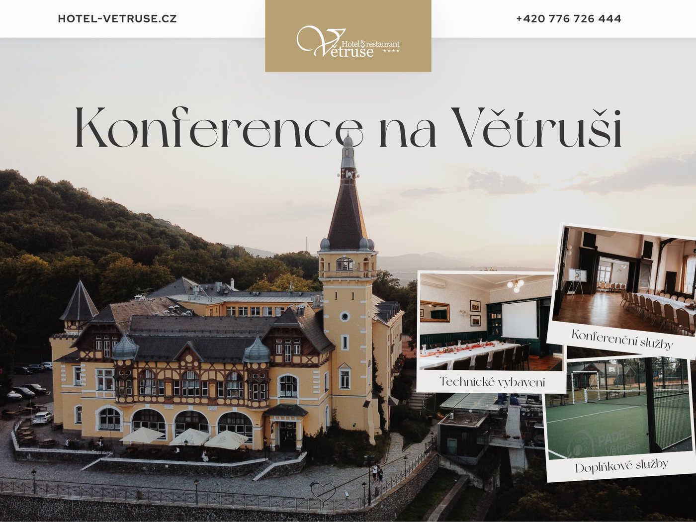 Titulní strana nabídky konferencí se zlatým pruhem